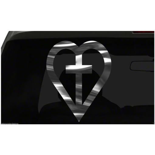 HEART WITH CROSS Sticker Religious Christian all chrome and regular vinyl colors