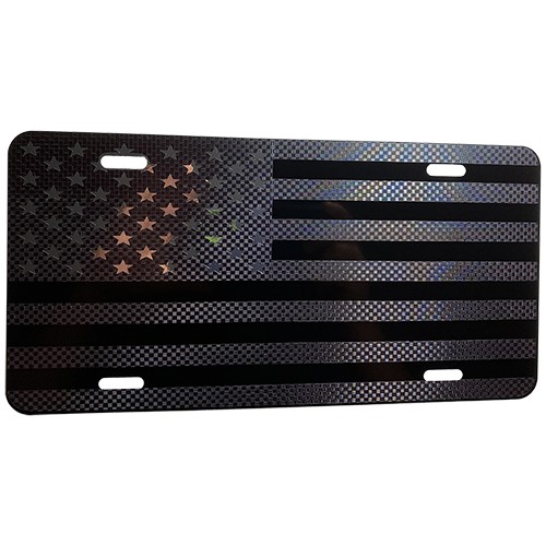 Tactical American Flag Heavy Duty Aluminum License Plate (Full Gun Metal Blk Vinyl Stars Edition on Black)