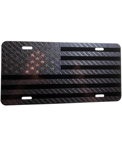 Tactical American Flag Heavy Duty Aluminum License Plate (Full Carbon Fiber Vinyl Stars Edition on Black)