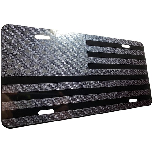 Tactical American Flag Heavy Duty Aluminum License Plate (Full Carbon Fiber Vinyl Stars Edition on Black)
