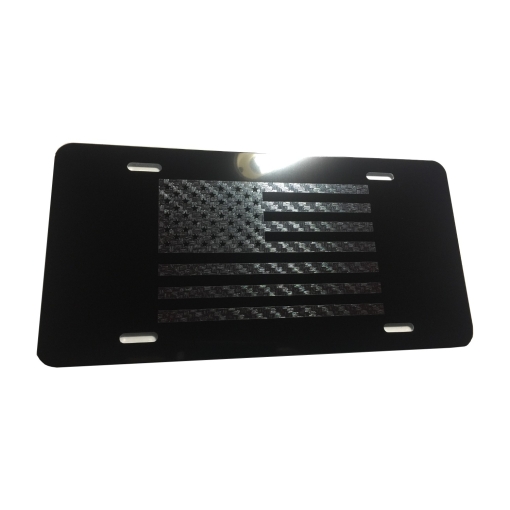 Tactical American Flag Heavy Duty Aluminum License Plate (Regular Carbon Fiber Blk Vinyl on Black)