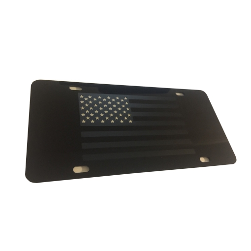 Tactical American Flag Heavy Duty Aluminum License Plate (Regular Matte Black Vinyl Stars Edition on Black)