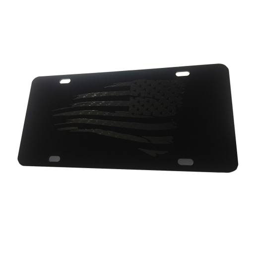 Tactical American Flag Heavy Duty Aluminum License Plate (Subdued Battered Carbon Fiber Vinyl on Black)