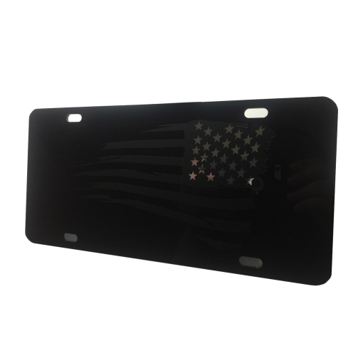 Tactical American Flag Heavy Duty Aluminum License Plate (Subdued Battered Matte Blk Vinyl Stars Edition on Black)