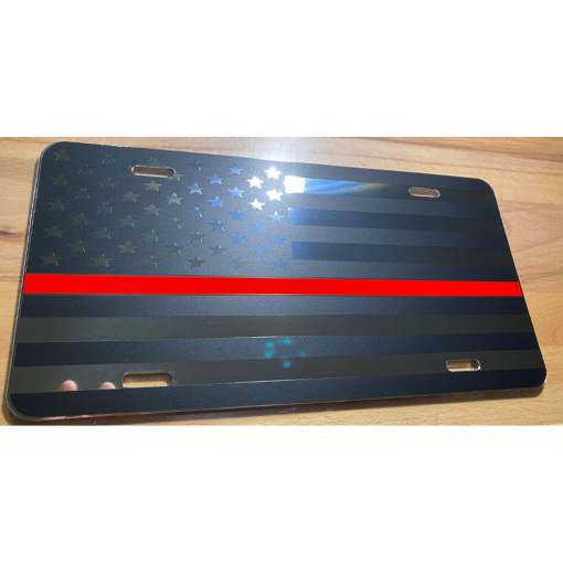 Thin Red Line Matte Black on Mirror Aluminum License Plate