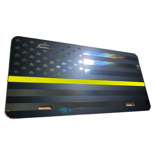 Thin Yellow Line Matte Black on Mirror Aluminum License Plate